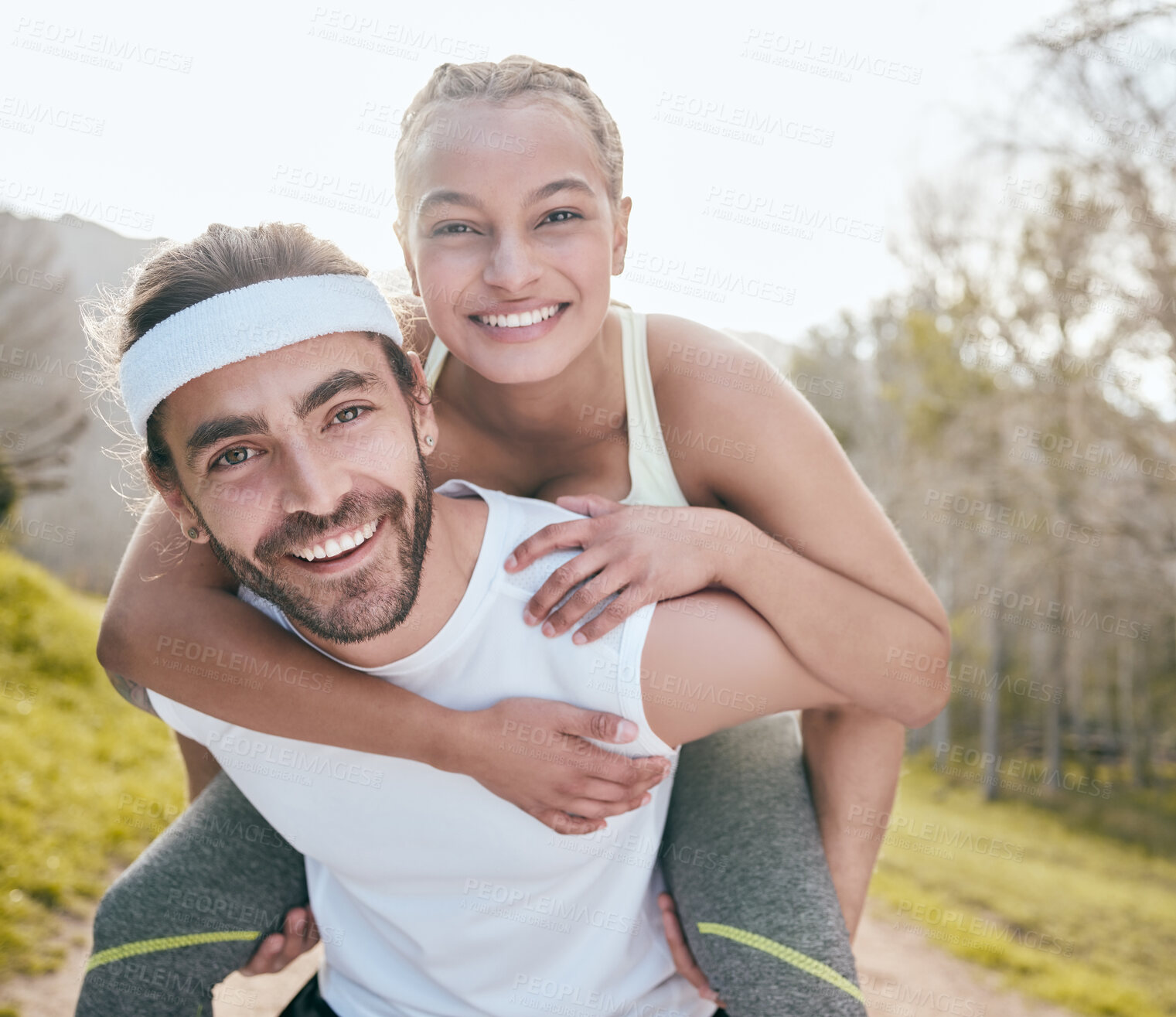 Buy stock photo Couple, piggyback and portrait outdoor for fitness, exercise and love together with smile in nature. Man, woman and carrying on back for workout, bonding and training with happiness, fun and forest
