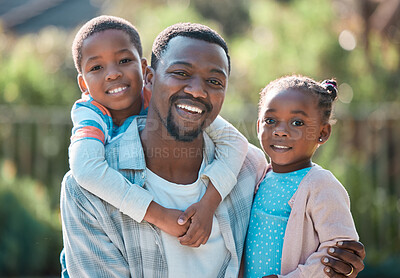 Buy stock photo Black people, dad and kids with smile in garden on portrait for bonding, fun and love in Kenya. Family, parent and happy with children on hug for support, care and trust on break to relax and chill