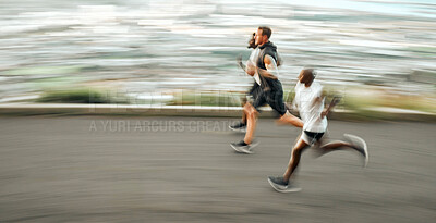 Buy stock photo Shot of a group of men exercising in nature