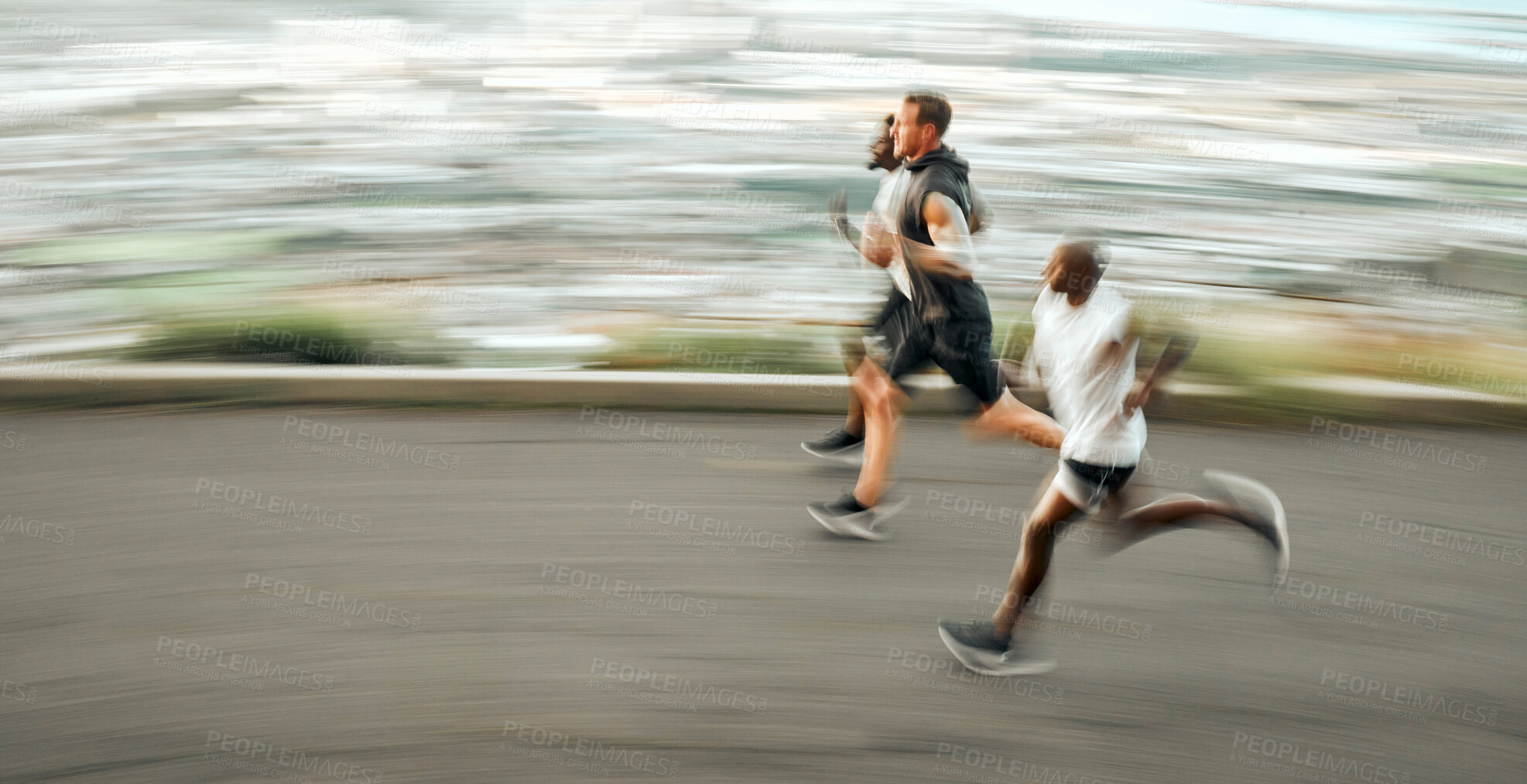 Buy stock photo Shot of a group of men exercising in nature