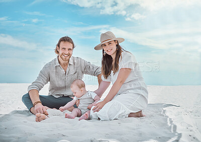 Buy stock photo Parents, baby and happy in portrait at beach, relax and together on ground for play, care and vacation. Mother, father and infant boy on sand with connection, love and outdoor with sunshine in Italy