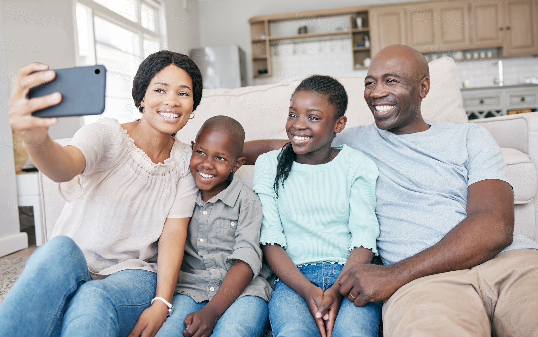 Buy stock photo Black people, parents and happy with kids on selfie at home on sofa for social media, memories and profile picture. Family, love and smile in living room for bonding, support and child development