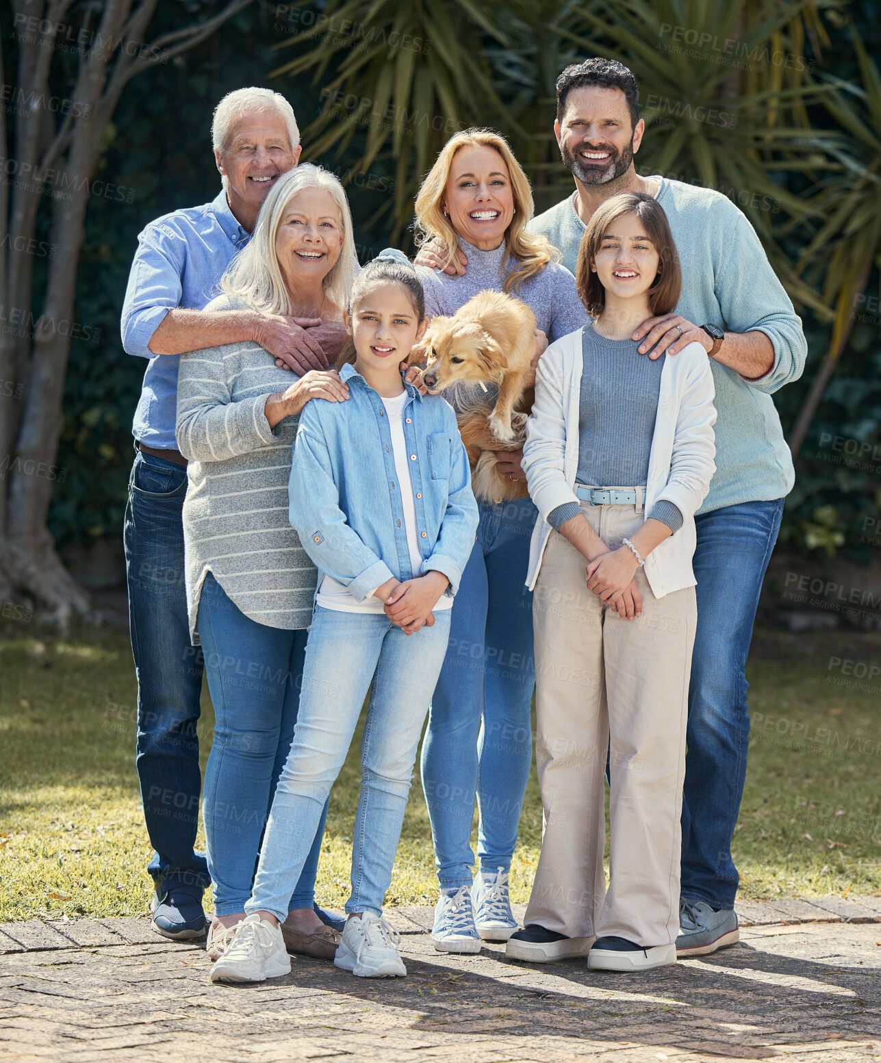 Buy stock photo Generations, family and smile in garden on portrait for gathering, visit and bonding in Canada. People, love and support with happy in confidence for care, trust and solidarity on break at home