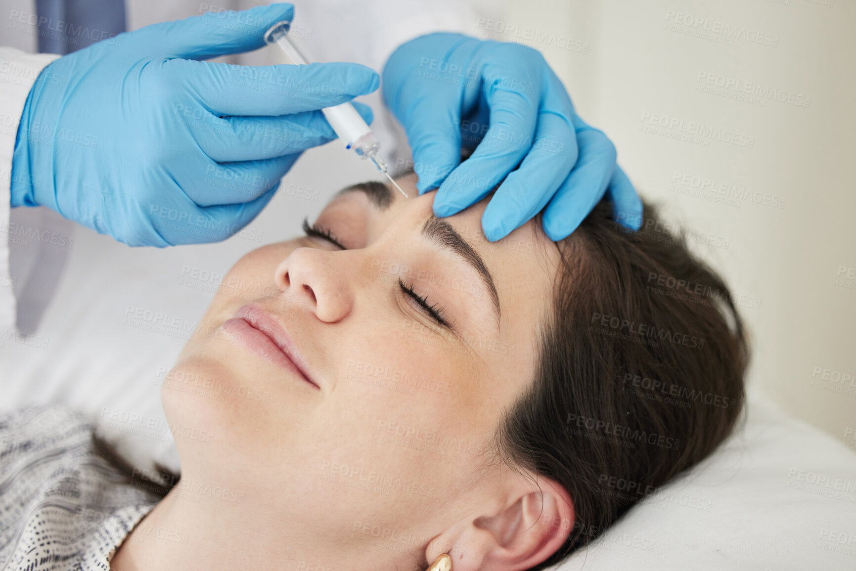 Buy stock photo Hands, woman and eyes closed with injection for box in hospital bed for facelift and beauty. Female person, doctor and patient with smile or satisfied medical procedure for facial treatment and care