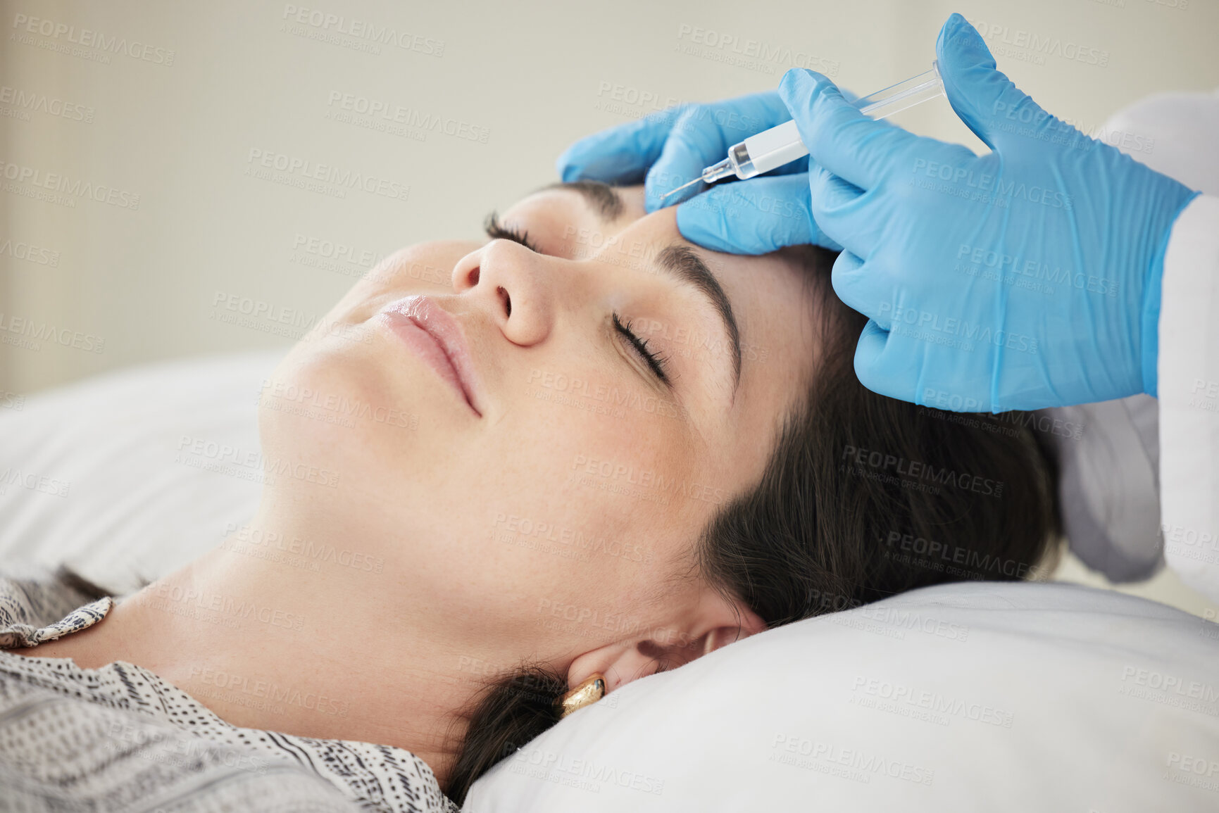 Buy stock photo Hands, woman and eyes closed with injection for botox in hospital bed for facelift and beauty. Female person, doctor and patient with fillers medical procedure, facial treatment and skincare