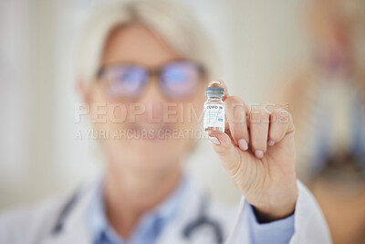 Buy stock photo Hands, doctor and vaccine vial for covid 19 with healthcare treatment, pandemic solution and medical safety. Medicine, product and pharmaceutical science with wellness, innovation and virus injection