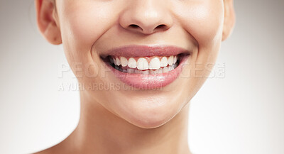 Buy stock photo Woman, mouth and smile in studio for dental care, hygiene and results of teeth whitening. Person, happy and wellness on gray background for plaque treatment, fresh breath or healthcare with aesthetic