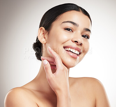 Buy stock photo Skincare, happy and portrait of woman in studio with beauty, wellness and facial routine for glow. Health, hydration and female person from Spain with face dermatology treatment by gray background.