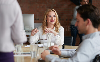 Buy stock photo Business woman, meeting and smile listening to office staff of public relations presentation with collaboration. Professional, management and thinking with teamwork, startup and planning for project