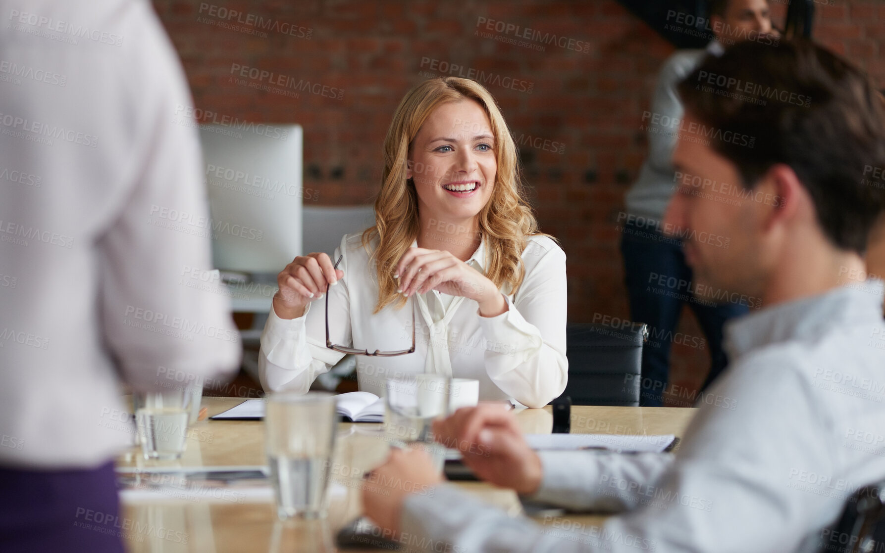 Buy stock photo Business woman, meeting and smile listening to office staff of public relations presentation with collaboration. Professional, management and thinking with teamwork, startup and planning for project