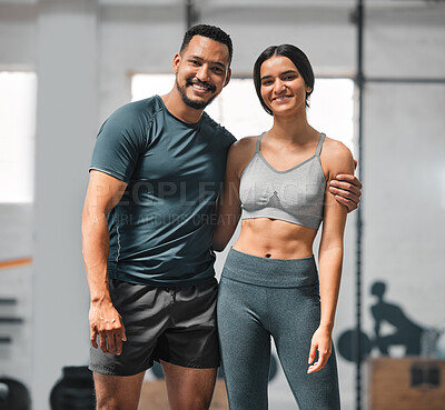 Buy stock photo Happy, active and fit couple training, doing exercise and workout for fitness together at the gym. Portrait of a cheerful, joyful and content boyfriend and girlfriend at a sports center for cardio