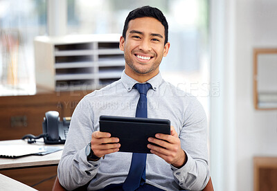 Buy stock photo Businessman, portrait and tablet for finance in office, email and trader to check stock exchange. Male person, professional accountant and economy update with tech and online networking in Indonesia