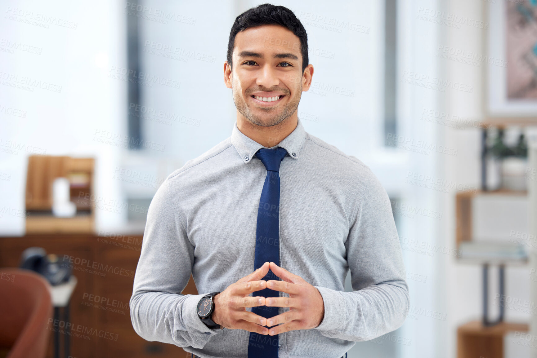 Buy stock photo Accountant, portrait and happy man in office with finance career, professional experience or confidence. Asian, consultant and financial advisor with pride, investment advice or business in workplace