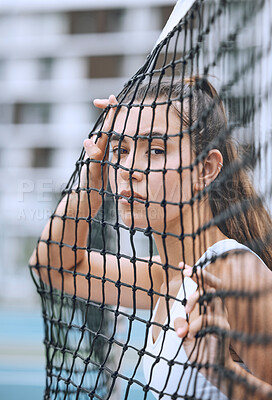 Buy stock photo Resting, tennis court and portrait of girl by net for practice game, fitness match or cardio workout. Face, woman or female athlete in club for physical activity, tournament or endurance training