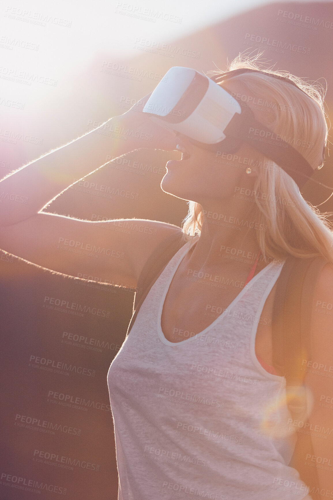 Buy stock photo Hiking, virtual reality and wow with woman in nature for metaverse adventure, journey or travel. Forest, mountain and surprise with tourist person in VR headset for holiday or vacation experience