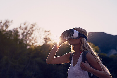 Buy stock photo Hiking, trees and virtual reality with woman in nature for metaverse adventure, journey or travel. Earth, forest and sky with tourist in VR headset for immersive holiday or vacation user experience