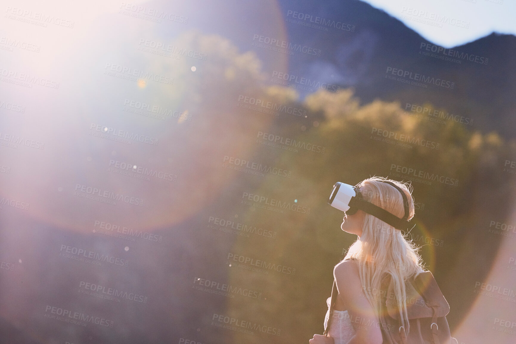 Buy stock photo Earth, virtual reality and water with woman in nature for metaverse adventure, journey or travel. Forest, hiking and mountain with tourist person in VR headset for holiday or vacation user experience