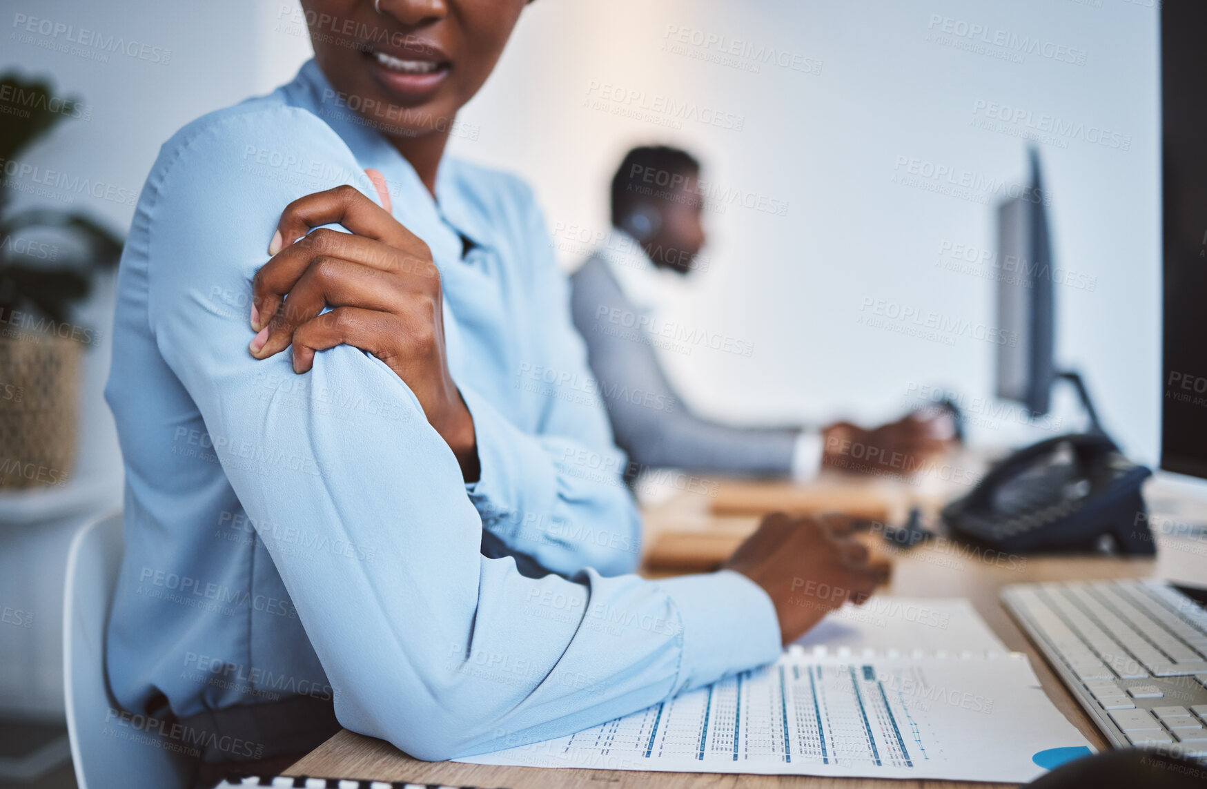 Buy stock photo Black woman, hand and call center with shoulder pain for muscle tension, strain or pressure at office desk. Closeup, African consultant or female person with sore joint, injury or cramp at workplace