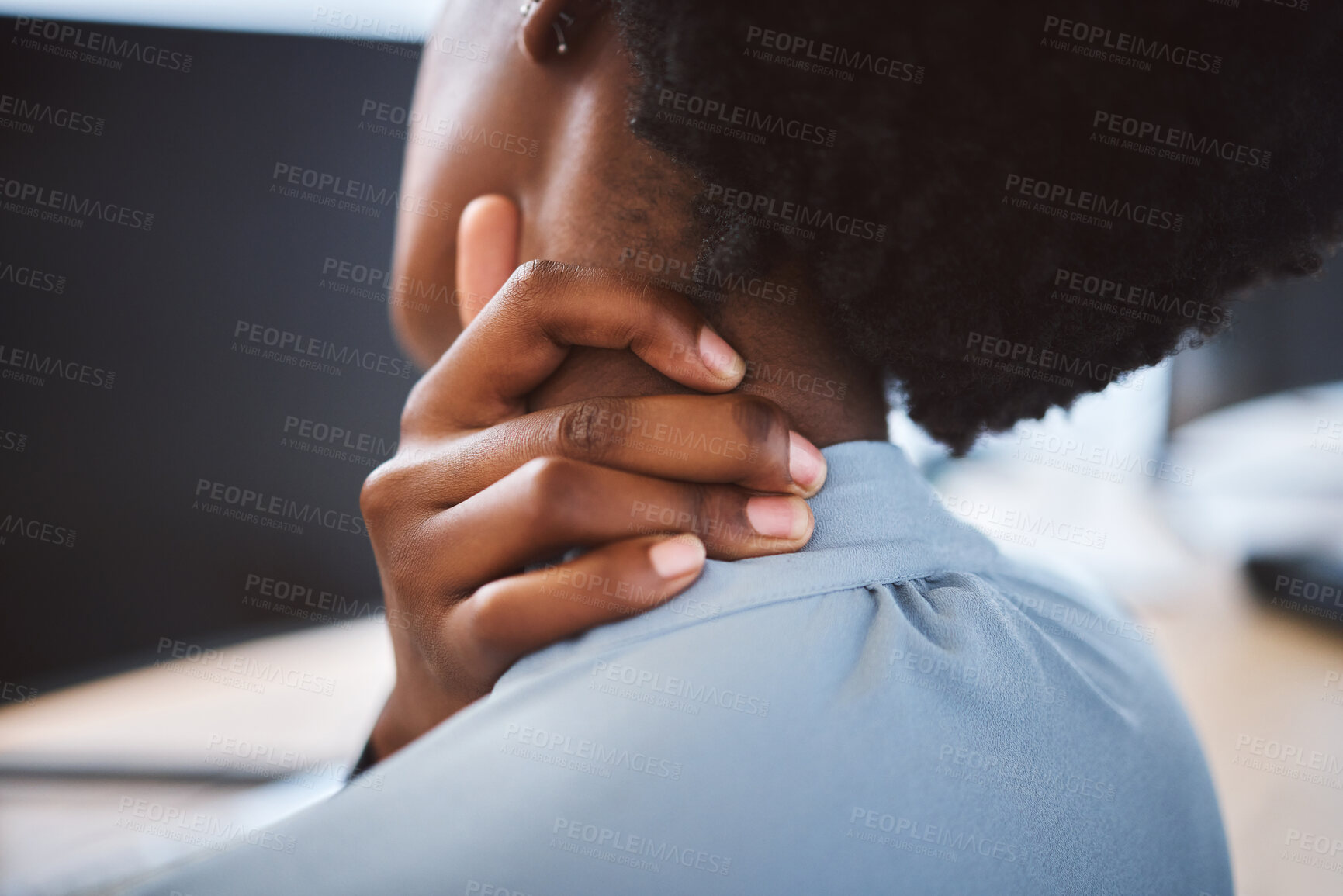 Buy stock photo Black woman, neck injury and pain with stress for strain, pressure or overworked at office. Closeup, young African or employee with sore muscle or discomfort for ache, tension or inflammation at desk