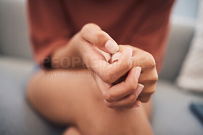 Buy stock photo Fear, anxiety and hands of woman with trauma, stress and worry for nervous abuse victim in home. Depression, danger or closeup of girl with drug addiction, phobia or mistake with emotional crisis