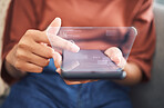 Closeup of unknown mixed race woman sitting alone at home and using her cellphone to browse a concept cgi internet. Hispanic scrolling and searching online and using creative artistic special effects