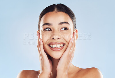 Buy stock photo Woman, thinking and beauty routine in studio, skincare and facial treatment results on blue background. Female person, confident cosmetics and dermatology for skin tone, transformation and pamper