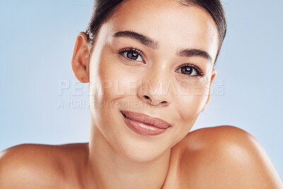 Buy stock photo Woman, portrait and healthy beauty in studio, skincare and facial treatment results on blue background. Female person, confident cosmetics and dermatology for skin tone, transformation and pamper