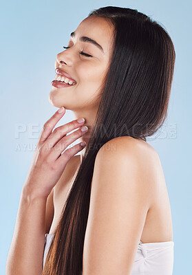 Buy stock photo Beauty, hair and profile of happy woman in studio with straight hairstyle, smile and soft texture. Haircare, style and confident model girl with luxury growth, laughing and shine on blue background 