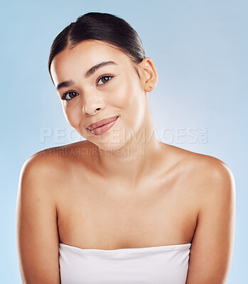 Buy stock photo Woman, portrait and skincare routine in studio, natural and facial treatment results on blue background. Female person, confident cosmetics and dermatology for skin tone, transformation and pamper