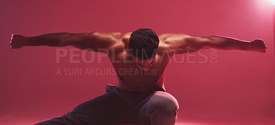 Buy stock photo Fitness, muscle and man on red background with arms for martial arts, movement and strength. Aesthetic, bodybuilder and isolated person with strong body for exercise, training and wellness in studio