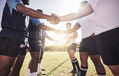 Buy stock photo Rugby, men and handshake of team players with rivals, confidence and pride in competitive game. Fitness, sports and teamwork, proud guys ready for match, workout or tournament on field at health club