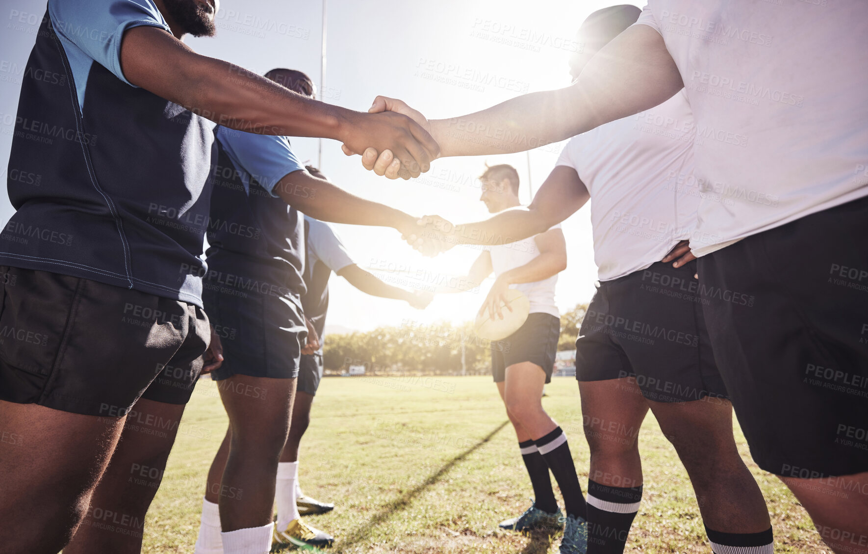 Buy stock photo Rugby, men and handshake of team players with rivals, confidence and pride in competitive game. Fitness, sports and teamwork, proud guys ready for match, workout or tournament on field at health club