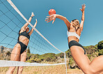 Women, beach volleyball and jump hit with ball in fitness, exercise or training competition in Miami, Florida. Sports friends or team in summer workout challenge in bikini for wellness or health game