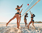 Beach volleyball, friends and women playing in the sand and summer sun. Fitness, diversity and sports on holiday in Brazil, woman team jumping for ball. Volley ball, bikini and a ball game at the sea