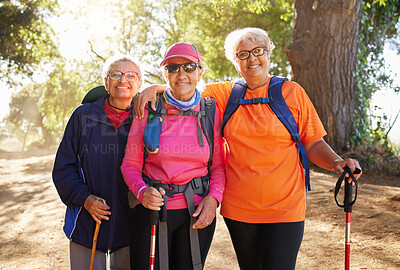 Buy stock photo Senior women, hiking group and friends fitness in nature, park and forest for healthy lifestyle, wellness and freedom together. Portrait happy, elderly and retirement people walking exercise outdoors