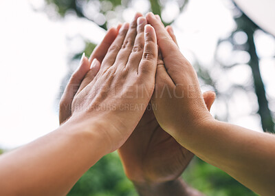 Buy stock photo High five, diversity and hands of people in park for support, agreement and collaboration in nature. Friends, volunteer group and closeup of gesture for teamwork, community and solidarity outdoors