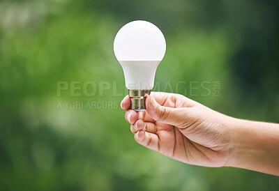 Buy stock photo Hands, green and light bulb for eco friendly, sustainability and idea with renewable energy innovation. Person, creativity and solar power lamp for electricity, inspiration or global transformation