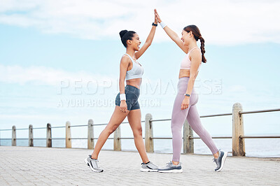 Buy stock photo High five, fitness and women training in the city with support for body goal, health and wellness. Young, happy and excited runner friends with motivation for exercise, running and outdoor workout