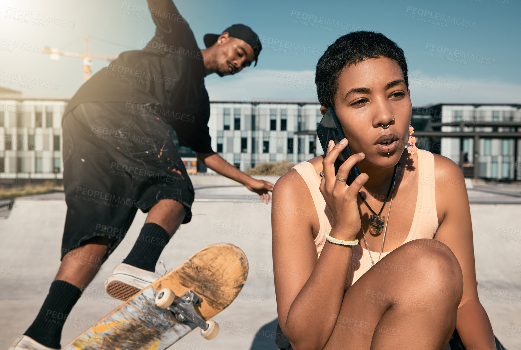 Buy stock photo Skateboard, summer and phone call with friends at urban city hangout in sunshine together. Skater people at recreation facility for outdoor activity and 5g mobile connection in New York.