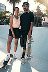 Skateboard, skater couple and city sports while outdoor at a skate park for training, workout and fun. Hipster man and woman out skating for exercise, skateboarding and leisure for urban lifestyle