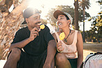 Happy, ice cream and couple in nature talking while on an adventure, holiday and journey in Mexico. Happiness, smile and young man and woman eating a dessert while on an outdoor date on vacation.