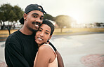 Skate, love and portrait of black couple hug in city enjoying weekend, free time and summer. Skating, trendy fashion and young black man and woman in relationship, dating and embrace in skate park