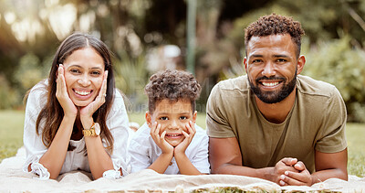 Buy stock photo Garden, happy family and couple with child on blanket in park for summer picnic and family time together. Nature, love and relax on grass, portrait of man, woman and kid with smile enjoying holiday.