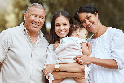 Buy stock photo Family portrait, happy grandparents and newborn baby mother with smile together, happiness and proud. Black family outdoor, infant child with mama, grandmother and grandfather in home backyard