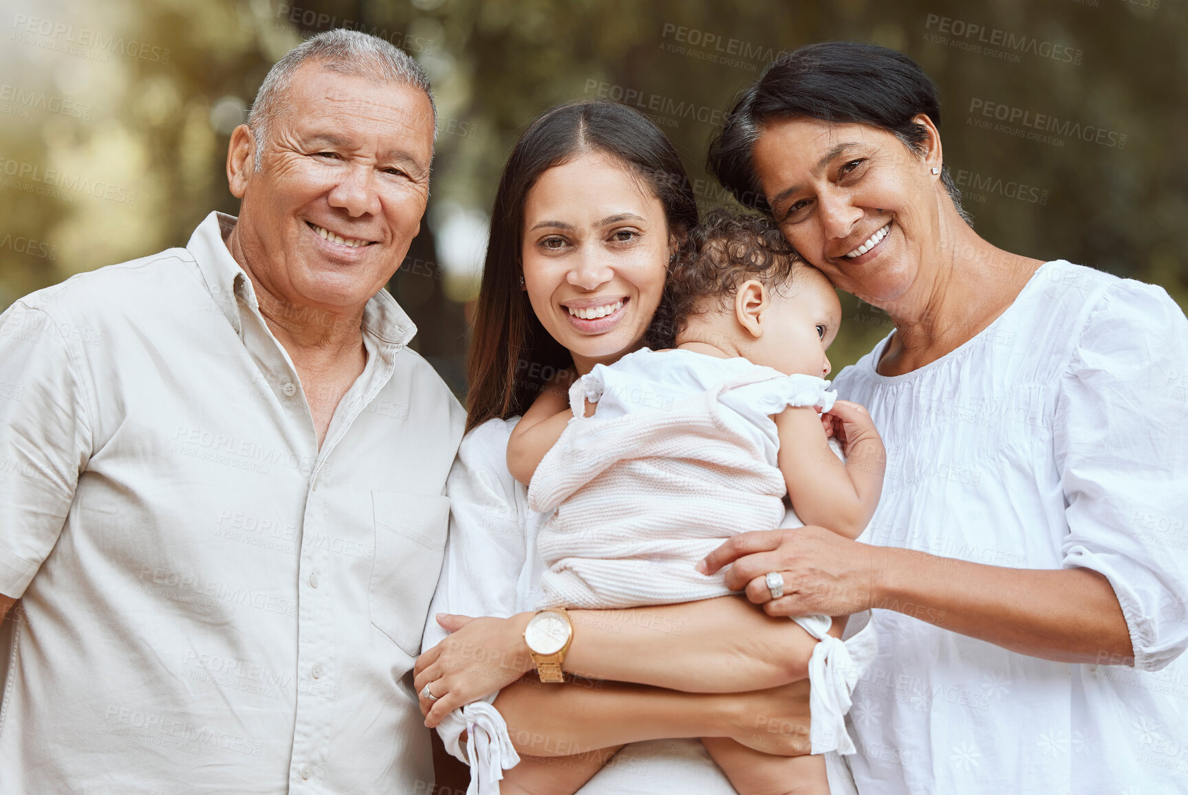 Buy stock photo Family portrait, happy grandparents and newborn baby mother with smile together, happiness and proud. Black family outdoor, infant child with mama, grandmother and grandfather in home backyard