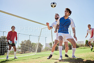 Buy stock photo Soccer, sports and team playing game on an outdoor field for exercise, training and workout. Teamwork, football and healthy athletes practicing with ball on a grass pitch for match, fitness and skill