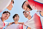 team Sports, soccer and circle of men together for collaboration, motivation and support for game football with athlete group. Happy male group fitness together for exercise, training and workout