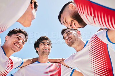 Buy stock photo team Sports, soccer and circle of men together for collaboration, motivation and support for game football with athlete group. Happy male group fitness together for exercise, training and workout