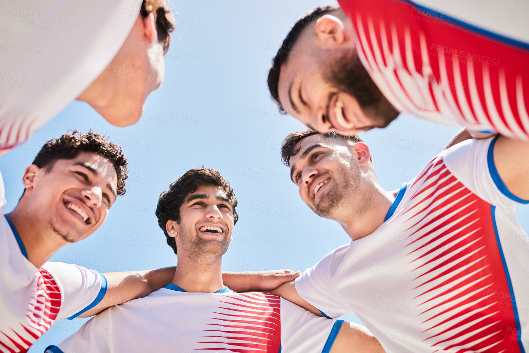 Buy stock photo team Sports, soccer and circle of men together for collaboration, motivation and support for game football with athlete group. Happy male group fitness together for exercise, training and workout