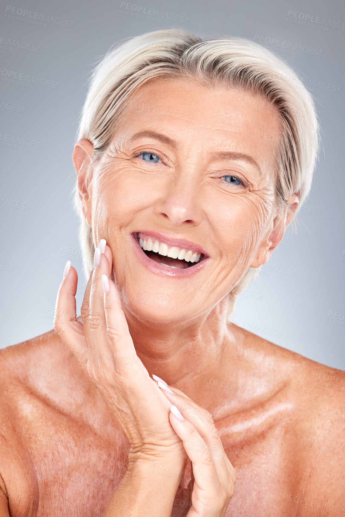 Buy stock photo Skincare, anti aging and portrait of mature woman with smile face and manicure on studio background. Beauty, derma and collagen, middle aged lady from Australia with health, wellness and clean skin.